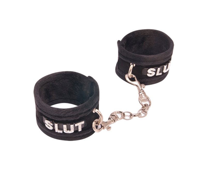 Fluffy DiamantÃ© Slut Wrist Restraints Black - Club X